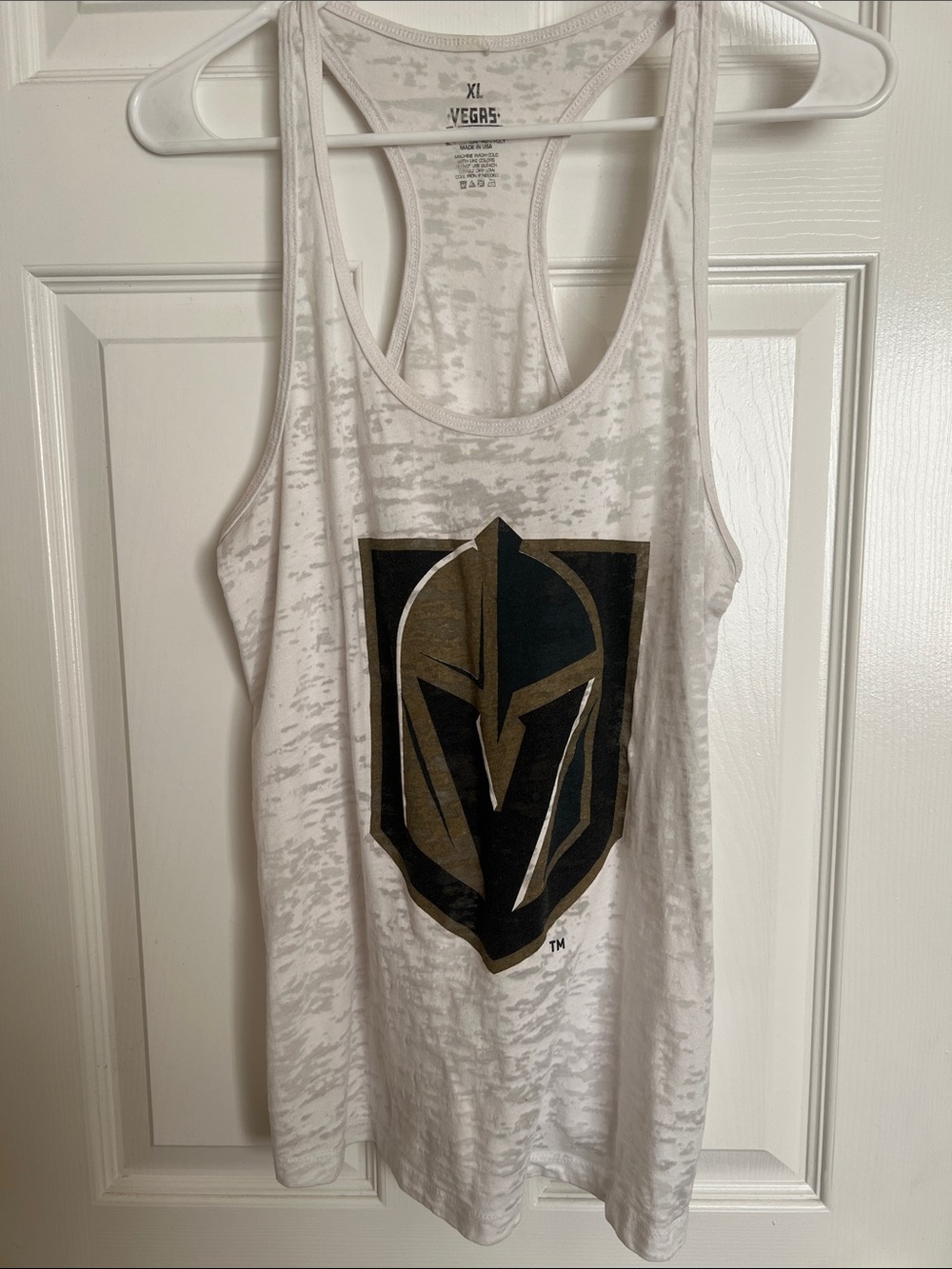 Vegas Women's White Racerback Tank with Gold & Black Emblem